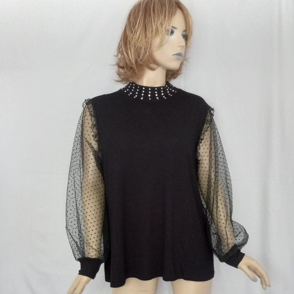 NWT BELLDINI Black Puffy Sheer Polka Dot Sleeve Sweater  Studded Mock Neck Glam!